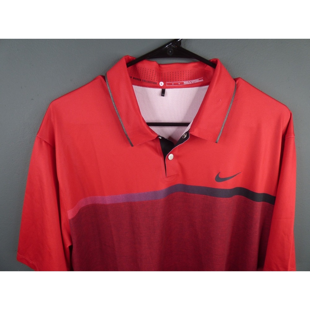 Nike Polo Shirt Mens L Red Striped Tiger Woods Collection Snap Collar‎ Sunday